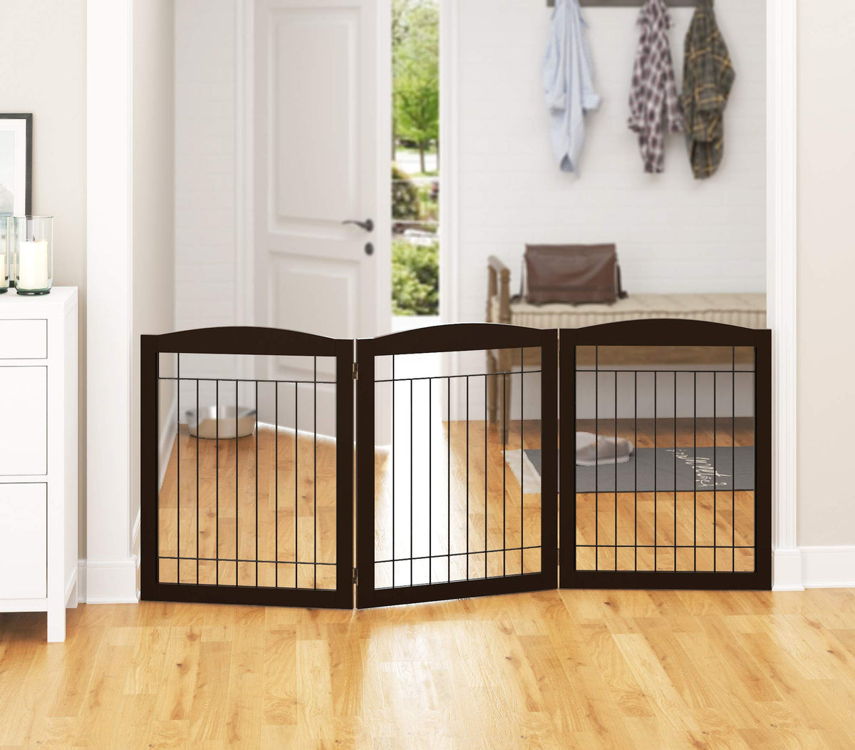 Extra Wide Foldable Dog gate for Doorway (Espresso / 【3 Panels】72"W x 32"H)