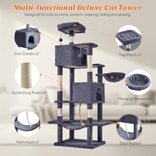 Large 66 Inch Cat Tree Tower with Sisal Scratching Post (Dark Grey / 66 Inches)