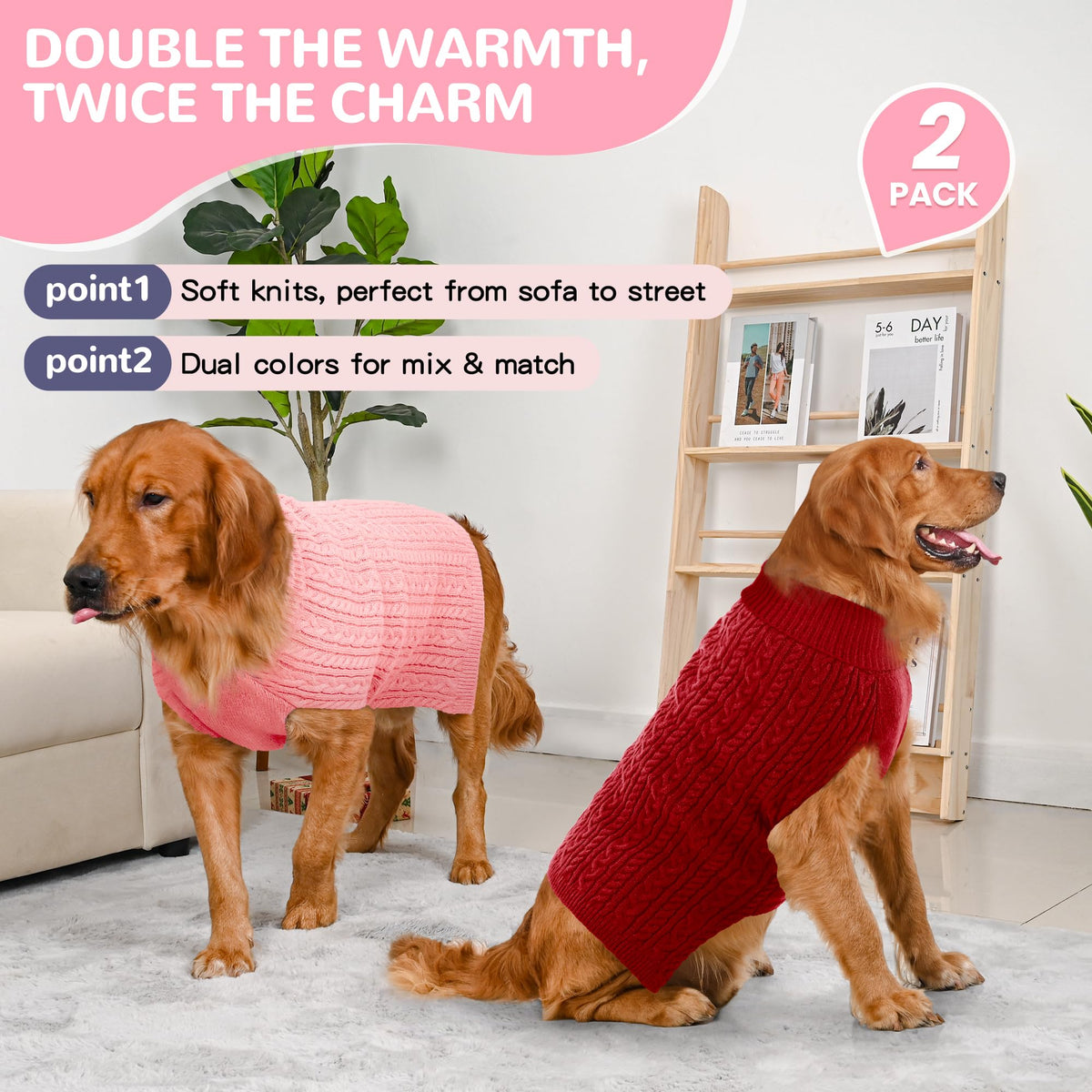 Dog Sweater 2 Pack for Large Dogs (Pink & Red / XXX-Large)
