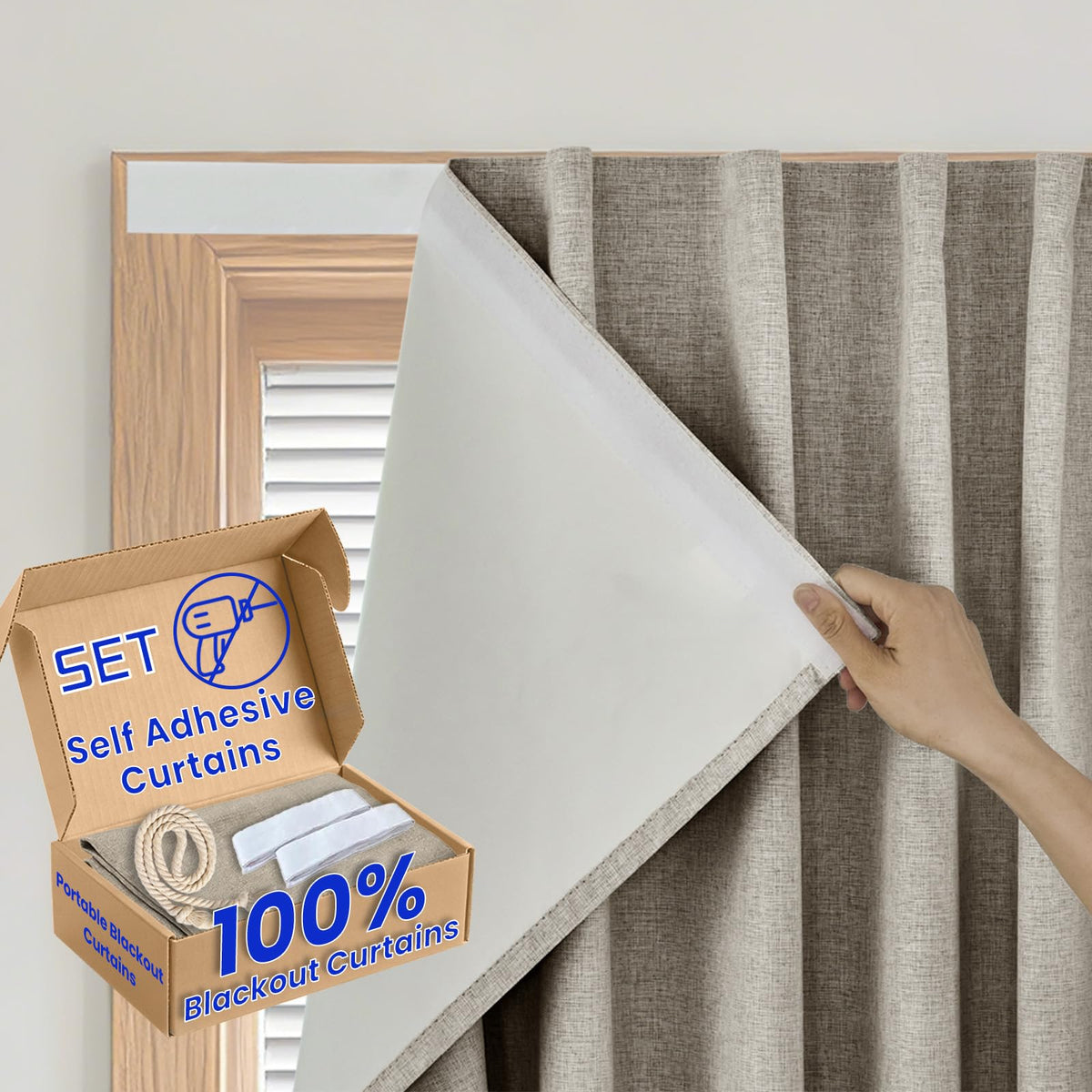 100% Blackout Magic Tape Stick On Curtains Window Shades Pull Down Blackout Window Cover No Drillng Self Adhesive Curtains No Rod Small Windows (34"W x 60"L (Pack of 1) / Light Brown)
