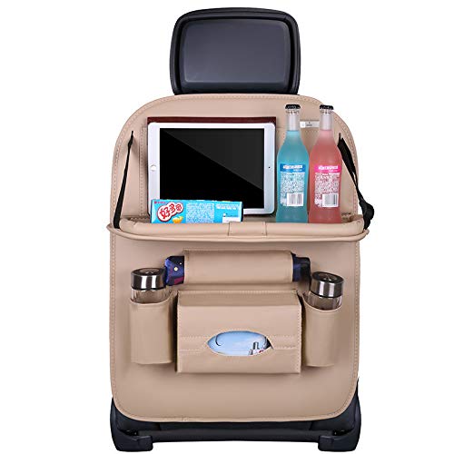 Premium PU Leather Backseat Seat Organizer with Foldable Table (2 Pack / Beige)