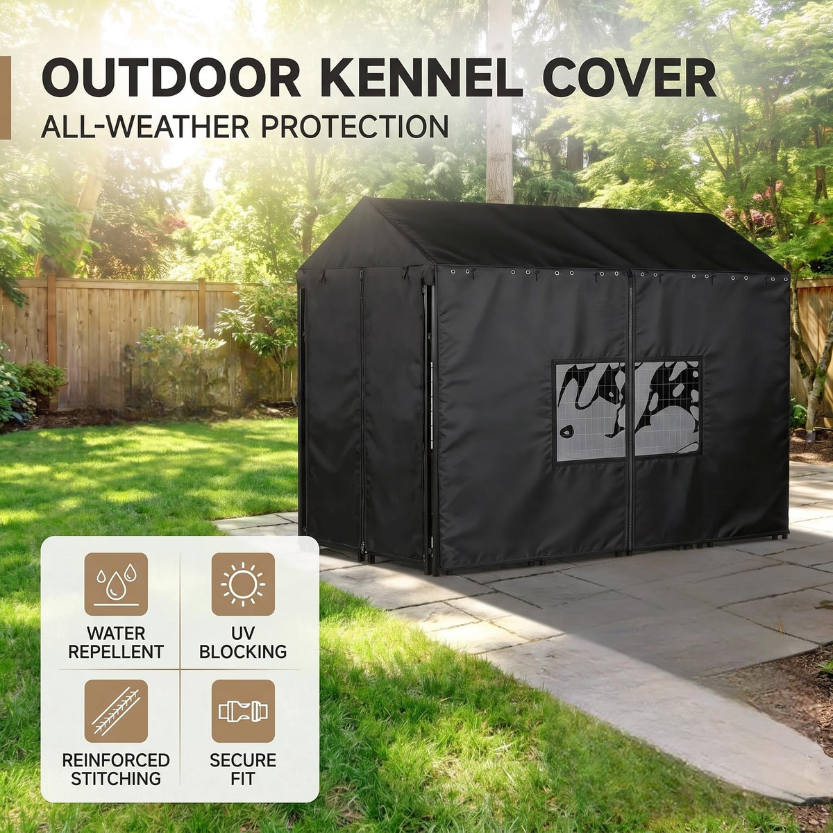 Outdoor Dog Kennel Cover 8x4x6ft with Clear PVC Windows & Roll (8'Dx4'Wx6'H)