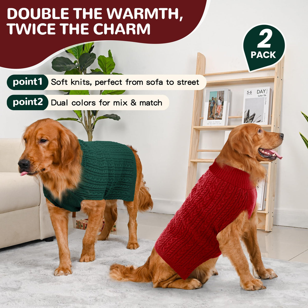 Dog Sweater 2 Pack for Large Dogs (Red & Green / XXXX-Large)
