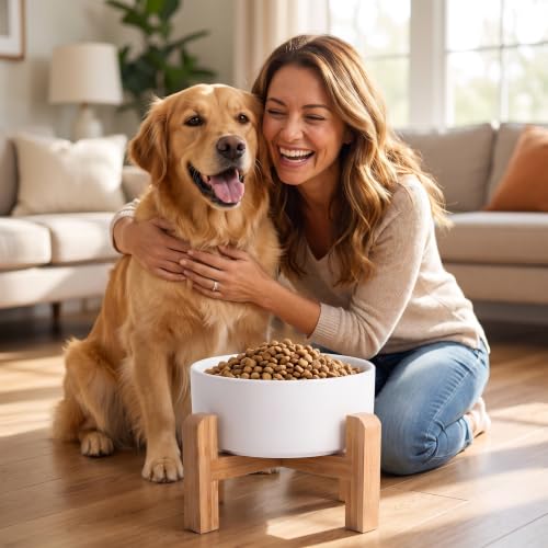 Elevated Ceramic Dog Bowl with Bamboo Stand (Gray Blue / 7.6Cup)