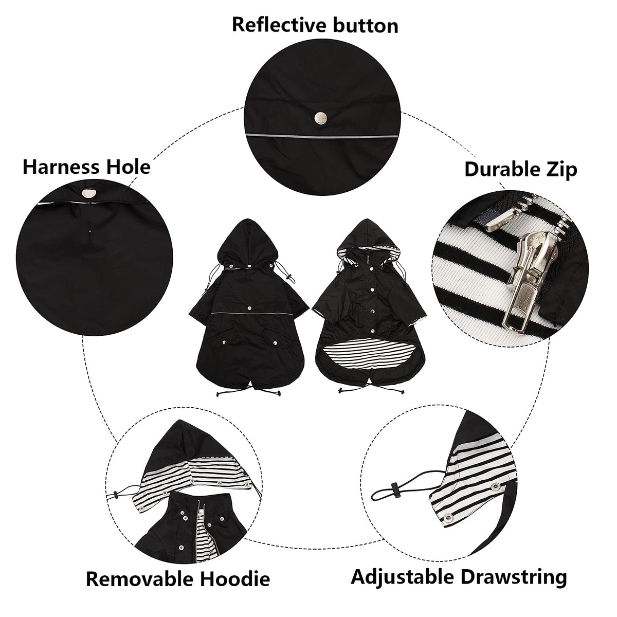 Dog Zip Up Raincoat with Reflective Buttons (Large / Black)