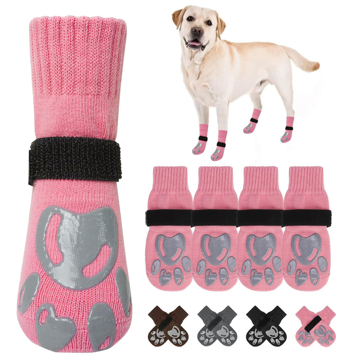 Dog Socks to Prevent Licking Paws Double Sided Grip Traction (Pink(Paw) / L(2.6"-3" W | Pack of 4))