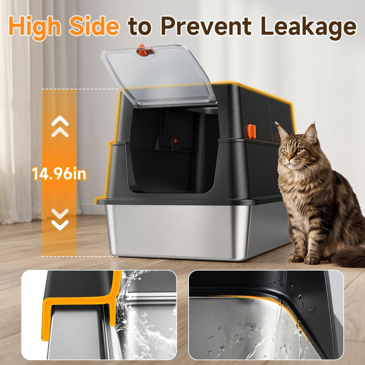 XL Enclosed Stainless Steel Litter Box with Lid (Carbon Black)