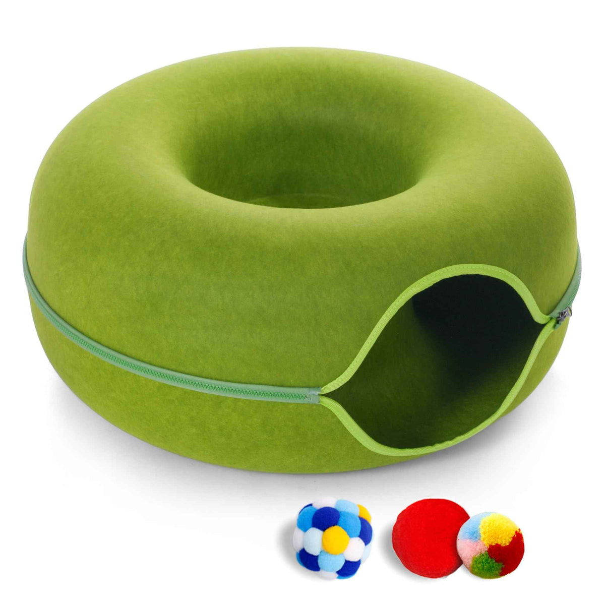 Large Cat Tunnel Bed for Indoor Cats with 3 Toys (L(24x24x11) / Green)