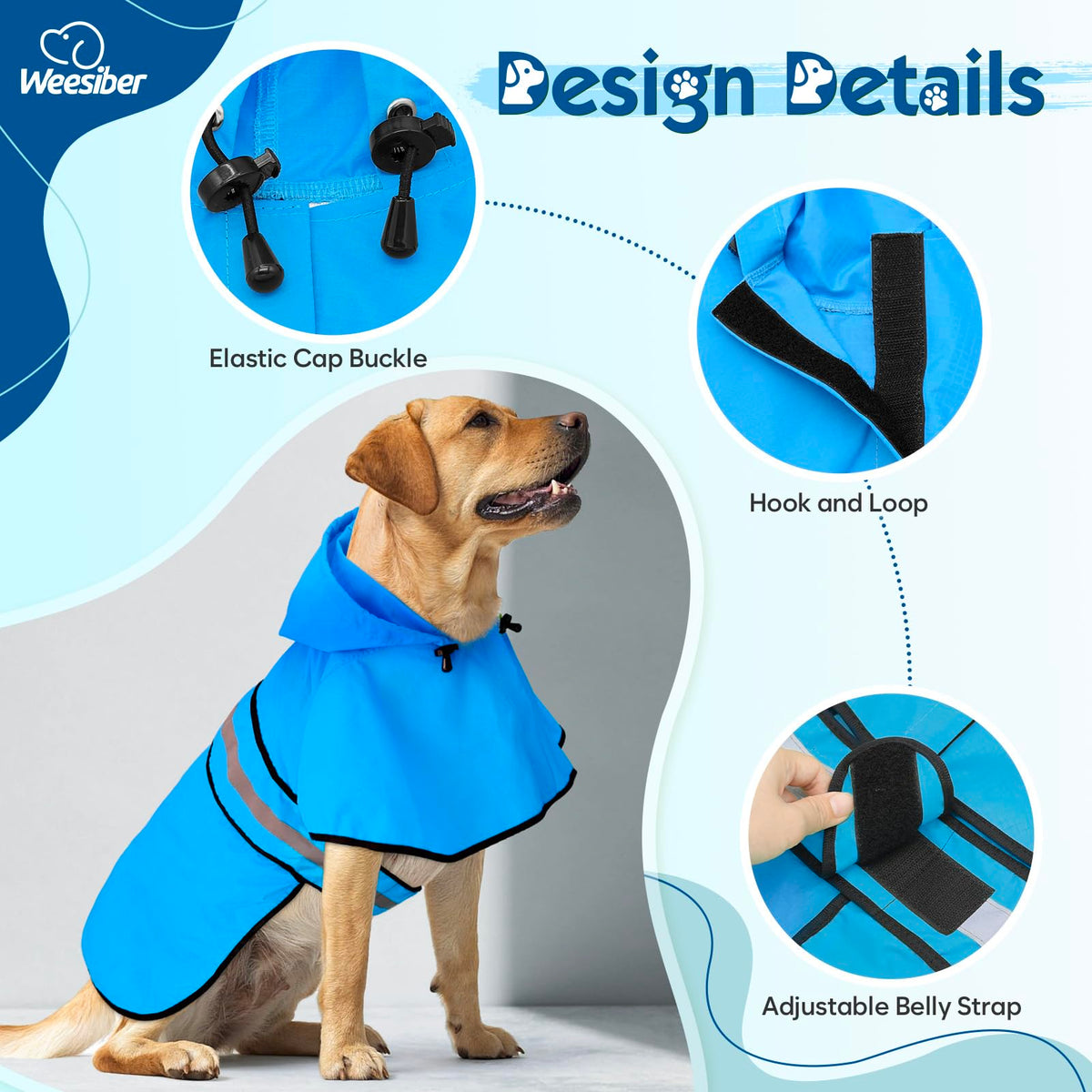 Dog Raincoat Adjustable Dog Rain Jacket Hooded Poncho Slicker (Large / Blue)