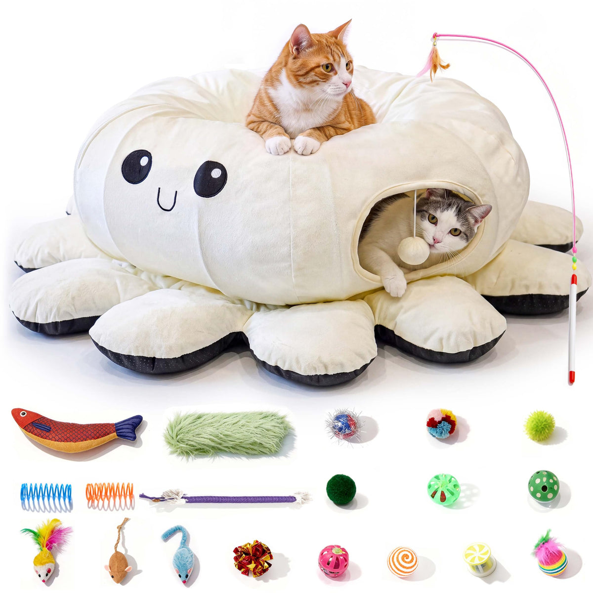 Cat Tunnel Bed with 20 Cat Toys (White / Large)