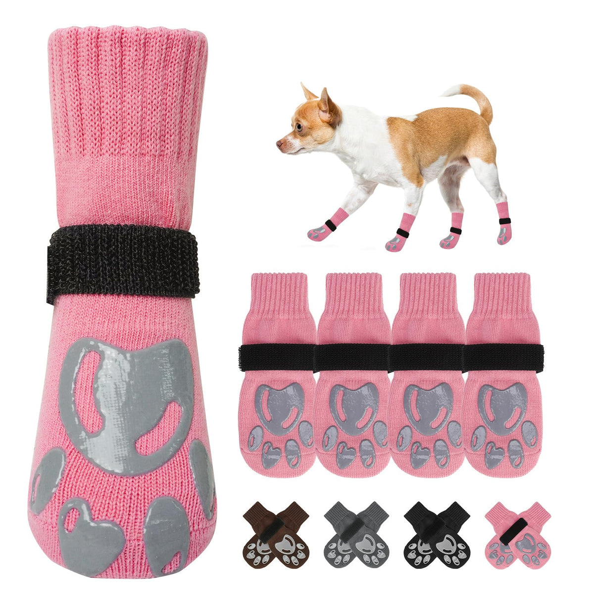 Dog Socks to Prevent Licking Paws Double Sided Grip Traction (Pink(Paw) / XS(1.5"-1.7" W | Pack of 4))