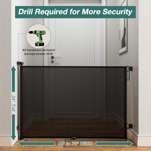 Retractable Baby Gate for Stairs (Black / 72" Wide x 34" Tall)