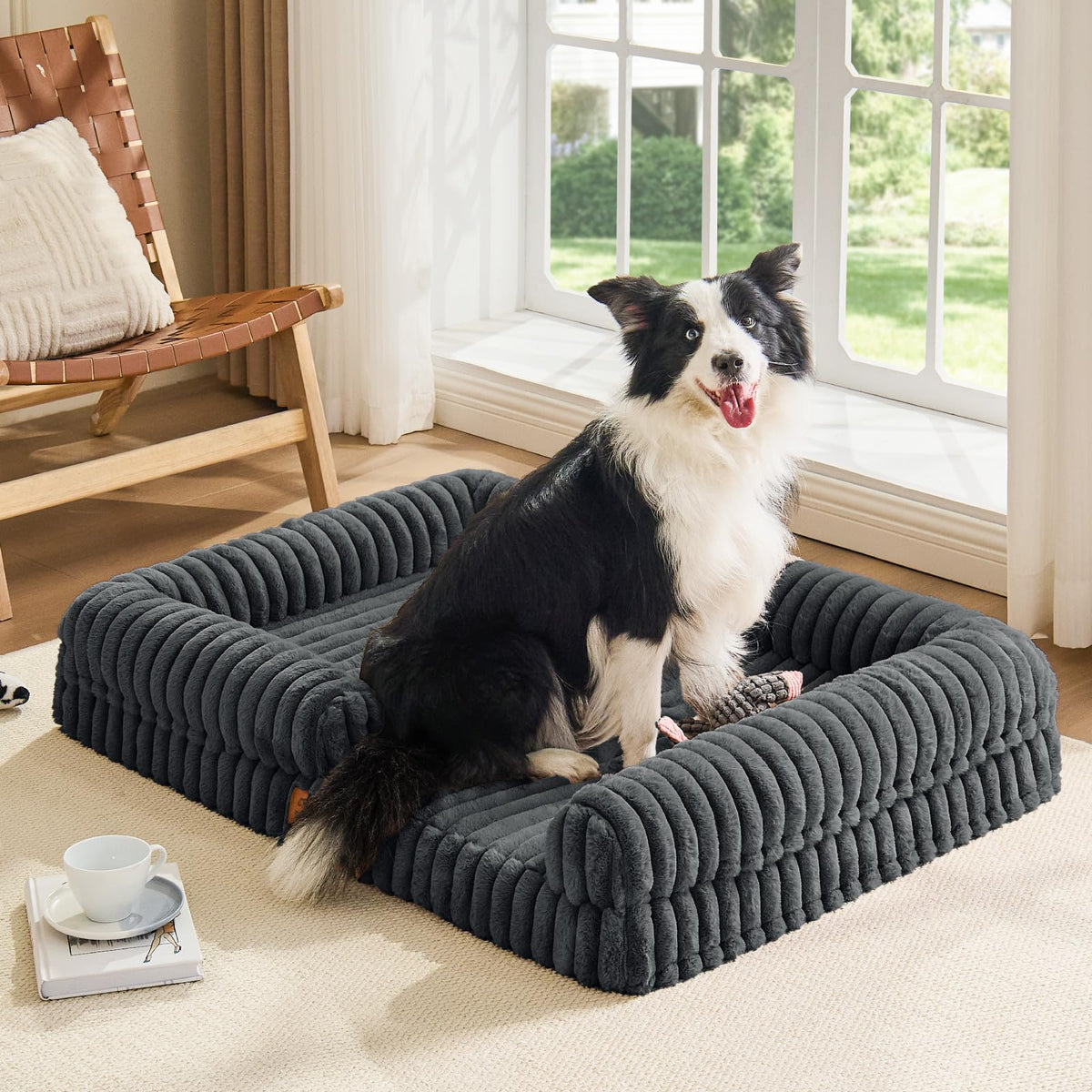 Faux Fur Orthopedic Dog Bolster Bed (Rectangular Dark Grey / XL(41*30*7))