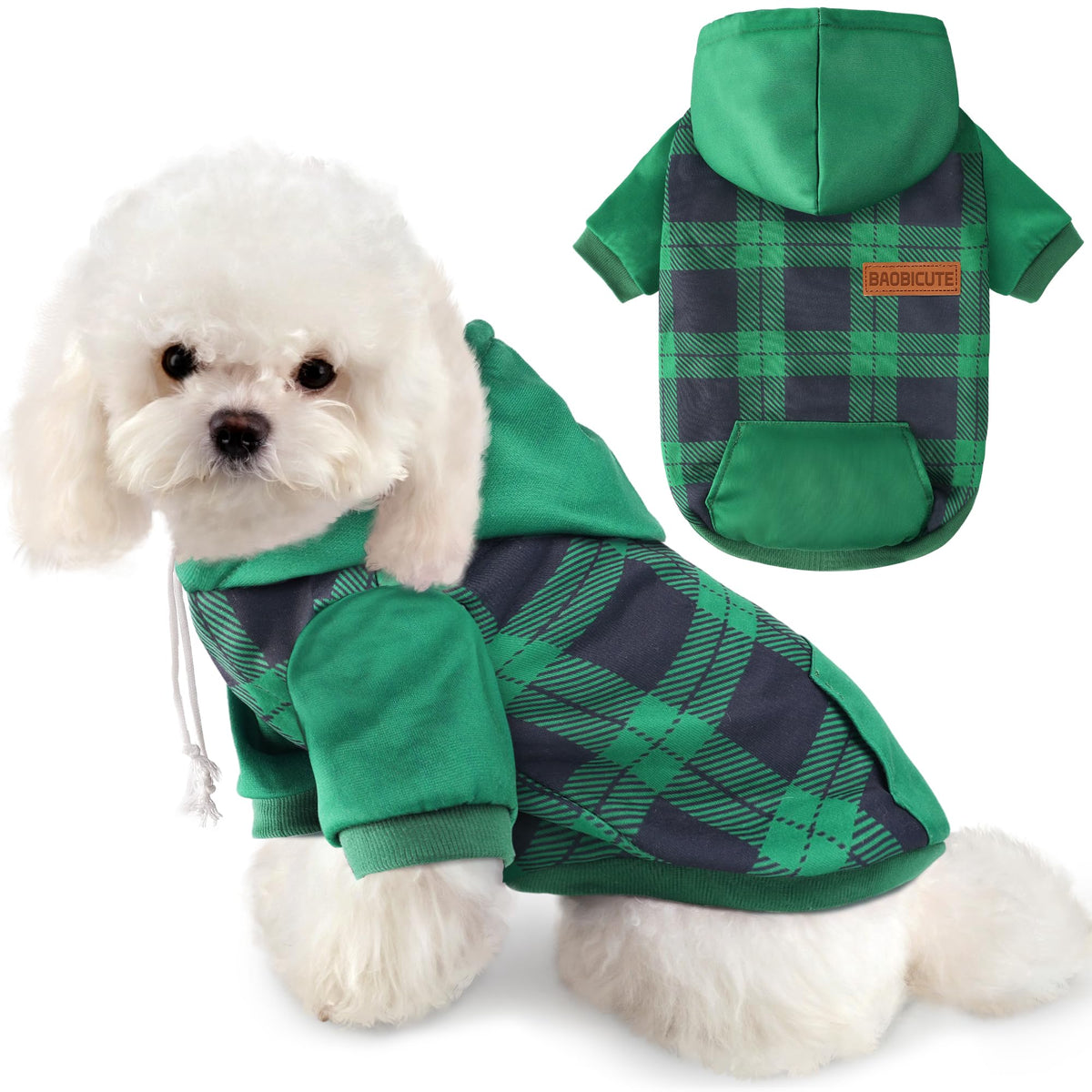 Dog Basic Hoodie Soft Dog Clothes Cold Weather Sweaters for Medium Large Dogs Cozy Fabric Warm Sweatshirt with Leash Hole for Boys (Green Plaid / XS (Back: 10.24",Chest: 14.96", 2-5 lbs))