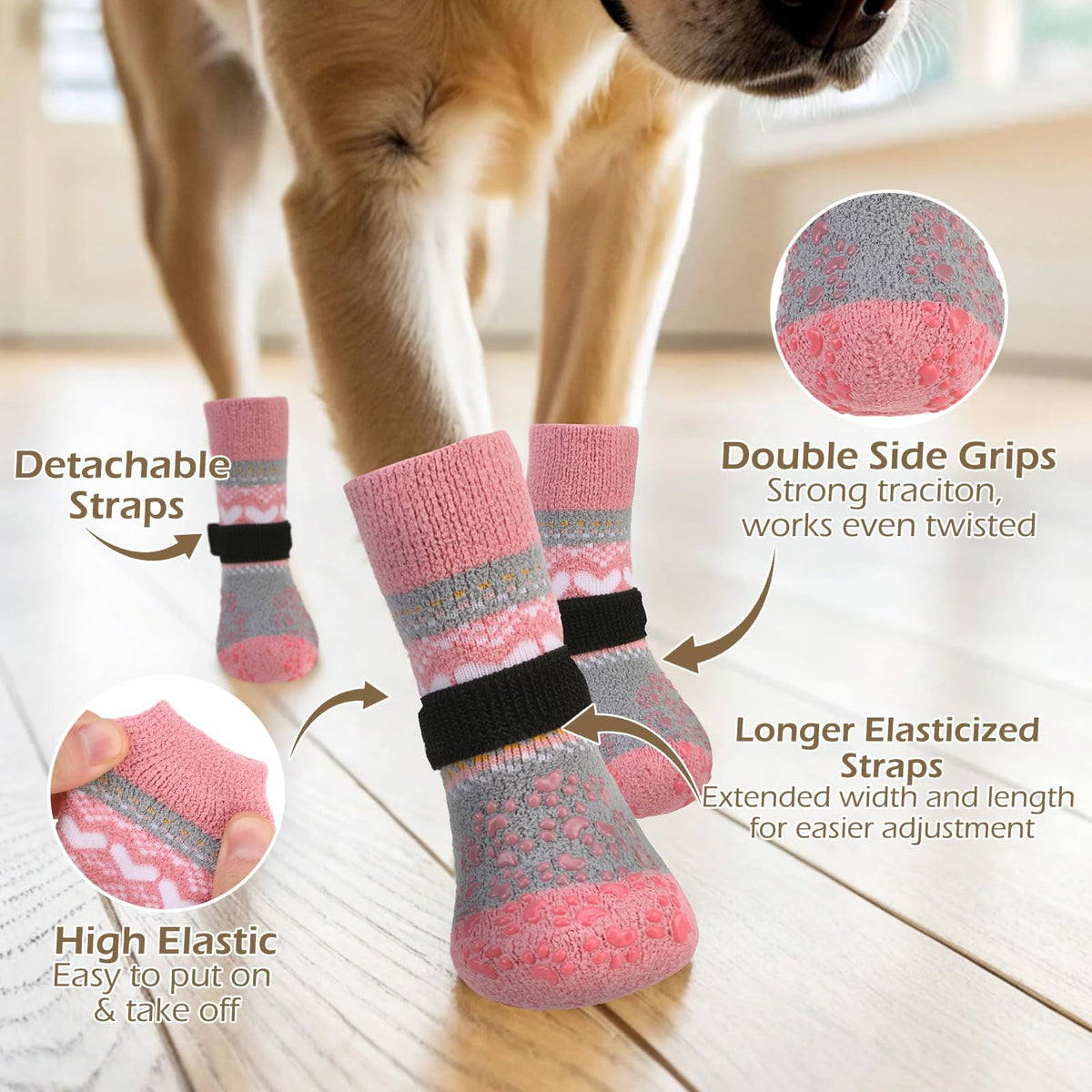 Anti Slip Dog Socks to Prevent Licking Paws for Hot Pavement (Light Pink / Large)
