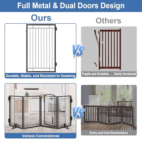 Full Metal Freestanding Dog Gate with Cat Door for Indoor & Outdoor (Black / 【4 Panels with Door】80"W×36"H)