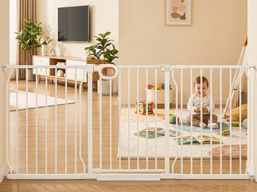 66.9 71.6 Inch Extra Wide Baby Gate with Door for Stairs Doorways (White / 66.9-71.6inch)