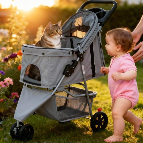 Foldable 3 Wheel Pet Stroller for Dogs and Cats (Grey / 29.13"×39.37"×17.71")