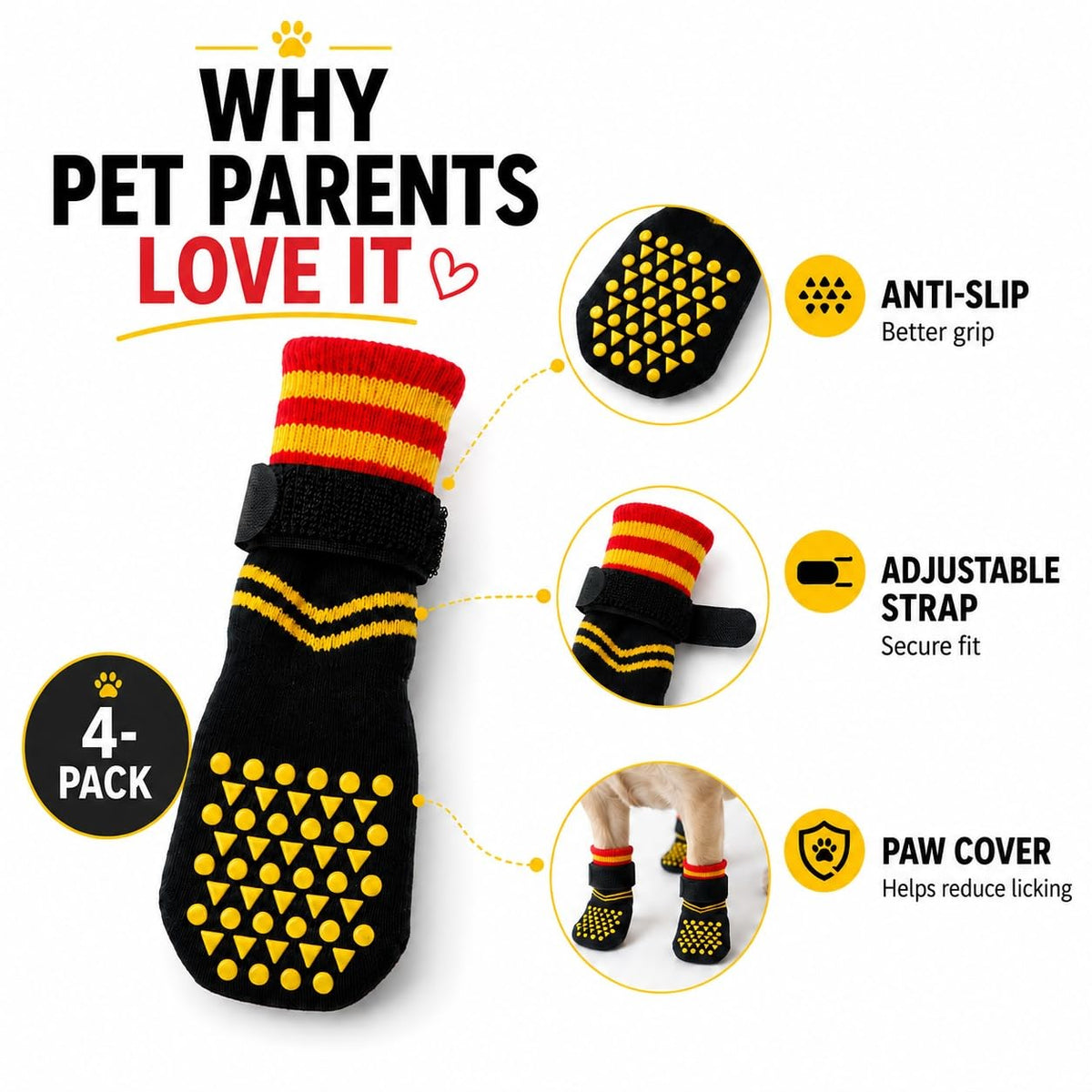 2 Pairs Anti Slip Dog Socks with Grips (S(paw width: 1.89"） / Black)