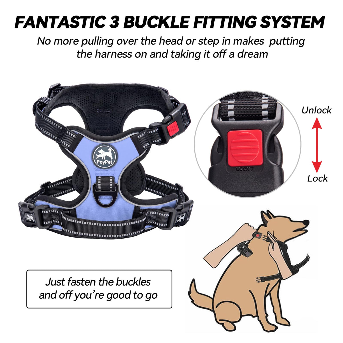 No Pull Dog Harness Medium with Front Clip & Neck Release Buckle (Medium / Light Blue)