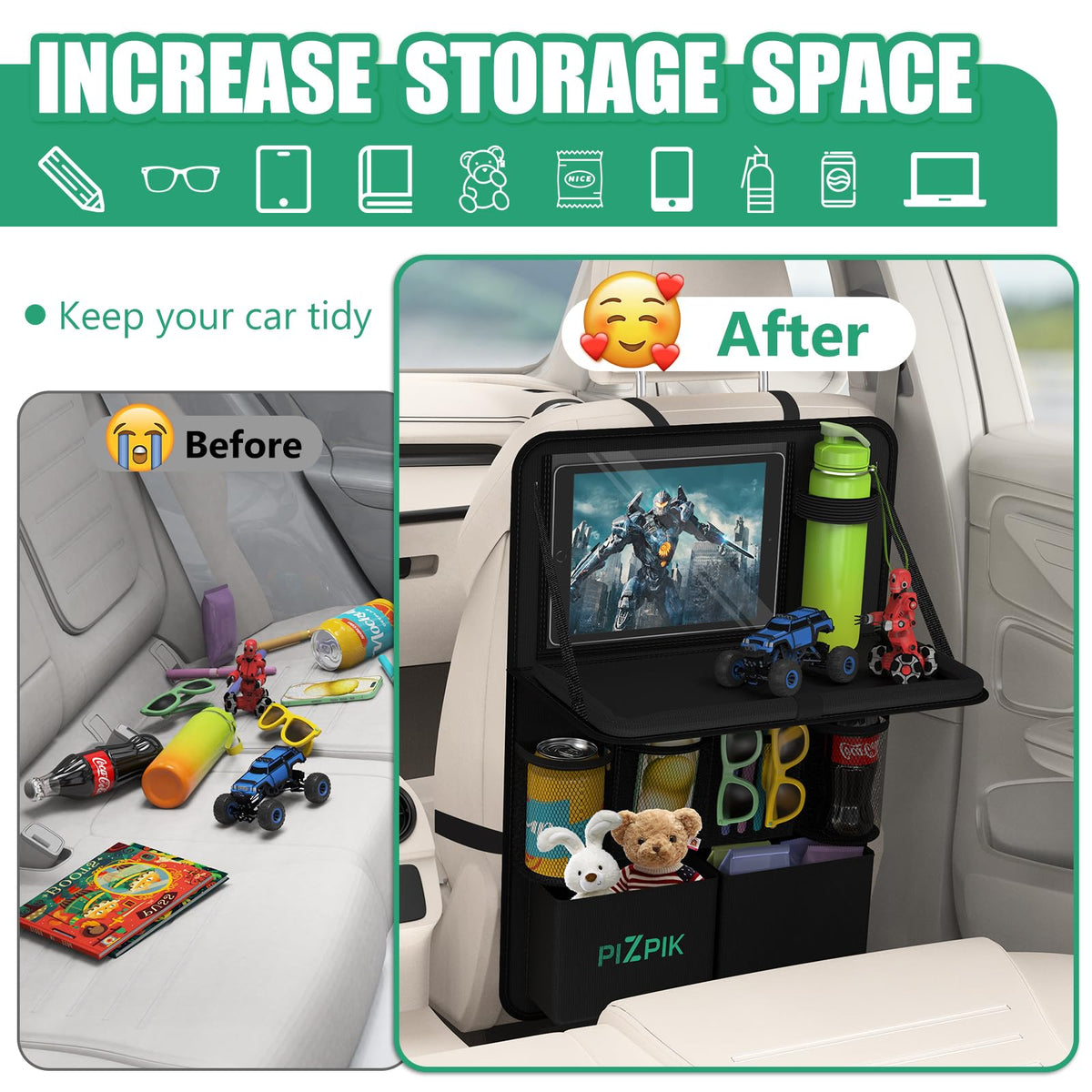 Car Backseat Organizer with Tray (Black / 1pack)