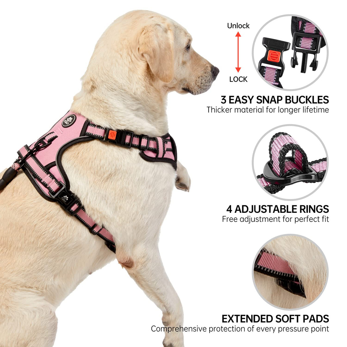 Reflective Dog Harness for Large Dogs (Pink / Large)