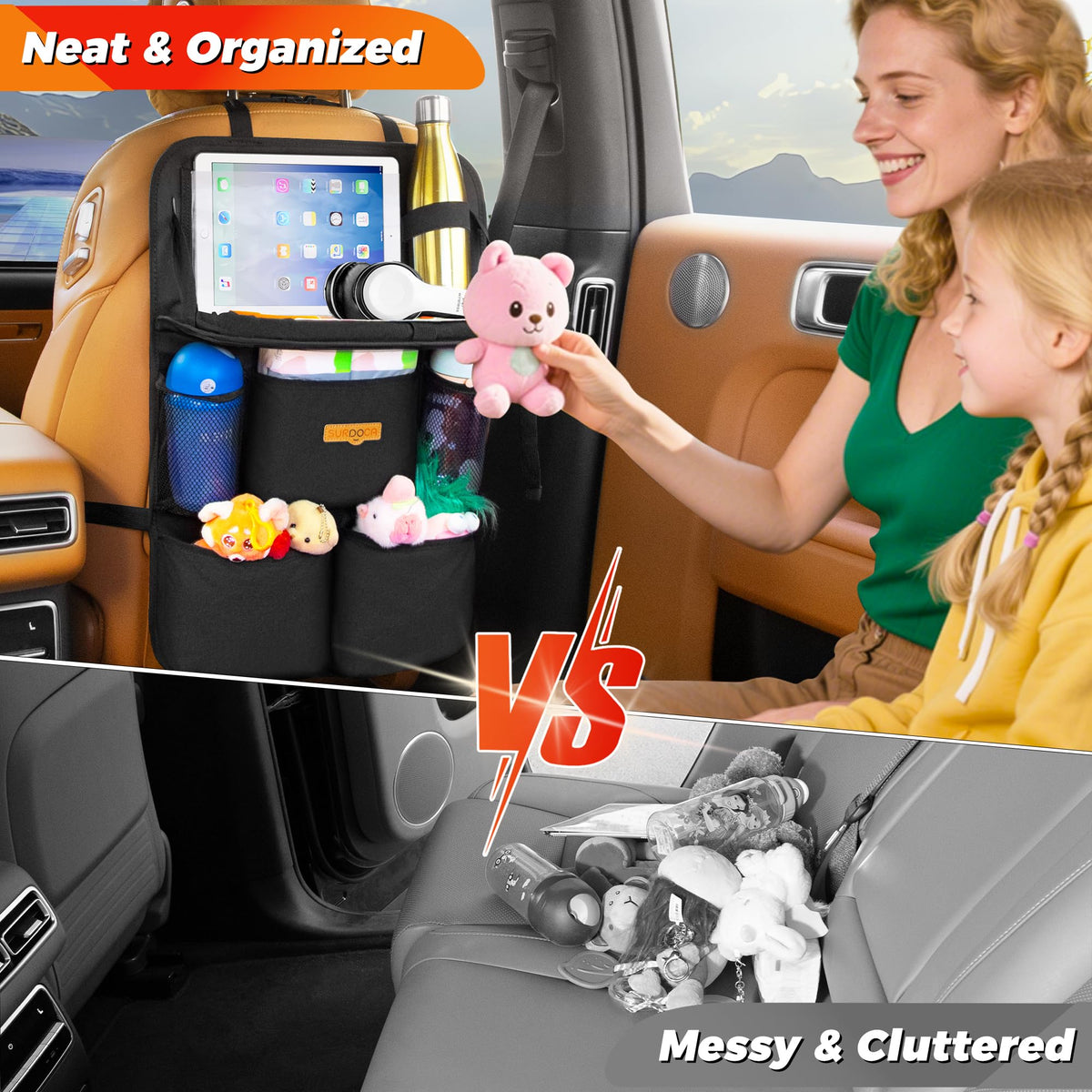 Backseat Car Organizer with Foldable Tray for Kids & Adults (Black (1 Pack))