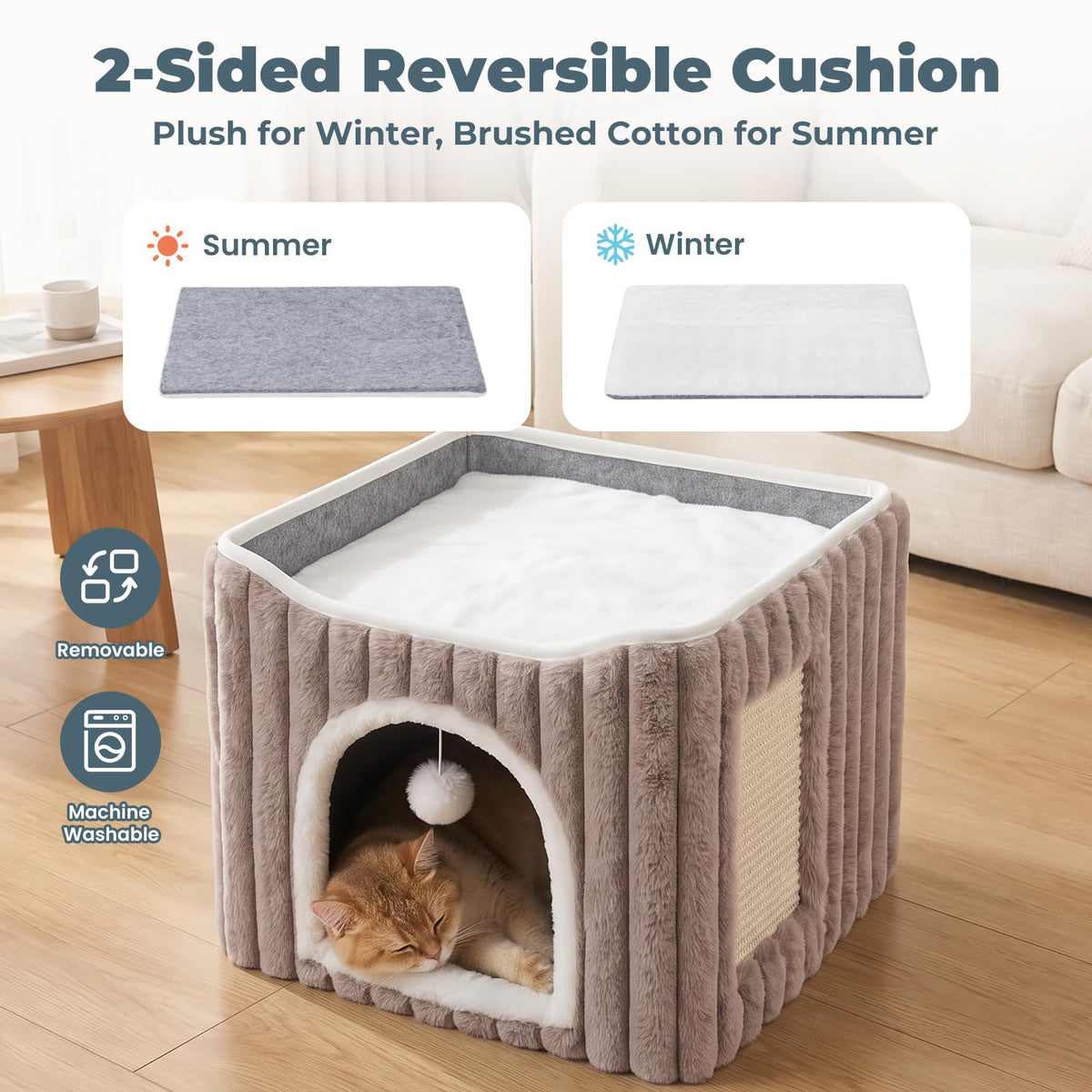 3-in-1 Cat Cave Bed for Indoor Cats with Scratch Pad (Lightbrown)