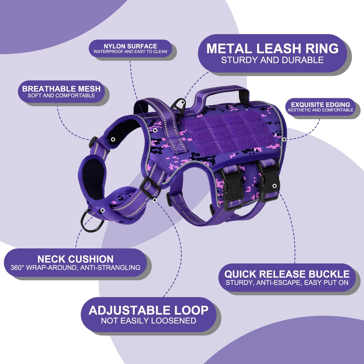 Dog Harness for Large Dogs (Purple Camo / L(Neck:18-24",Chest:25-36"),45-80 lbs)