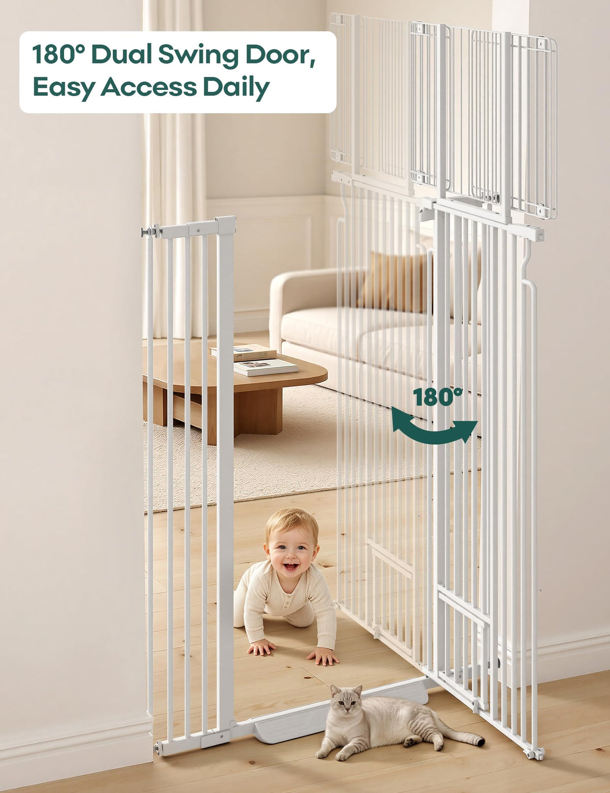 71in Extra Tall Pet Gate with Small Cat Door (White / 71" Tall, 29.5-40.6" Wide)