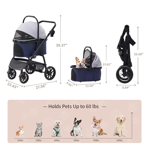3-in-1 Dog Stroller for Small and Medium-Sized Dogs up to 55 lbs (BlueGray)