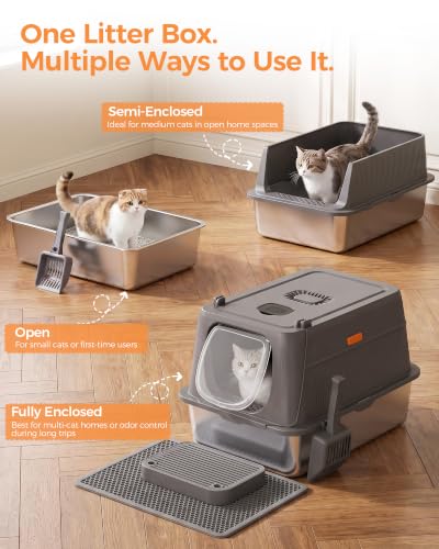 XL Stainless Steel Cat Litter Box with Lid (Gray / 24" L × 16" W × 16" H)
