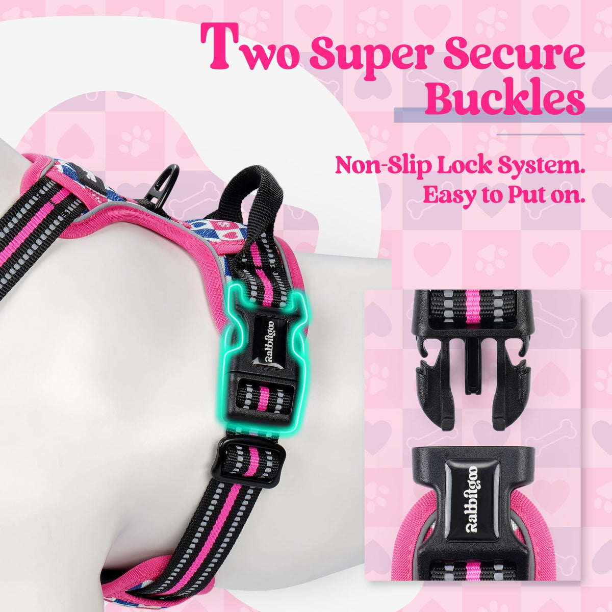 Dog Harness No Pull for Large Dogs with 2 Leash Clips (Large / Hot Pink Grid)