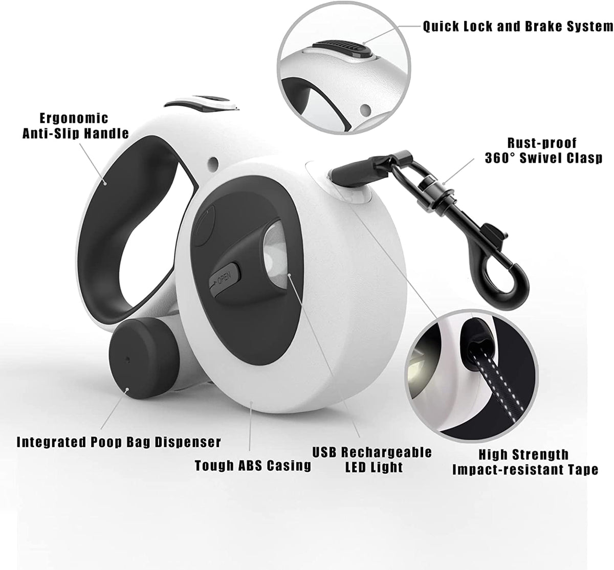 4-in-1 Retractable Dog Leash with LED Light & Dispenser & Poop Bags (Small)