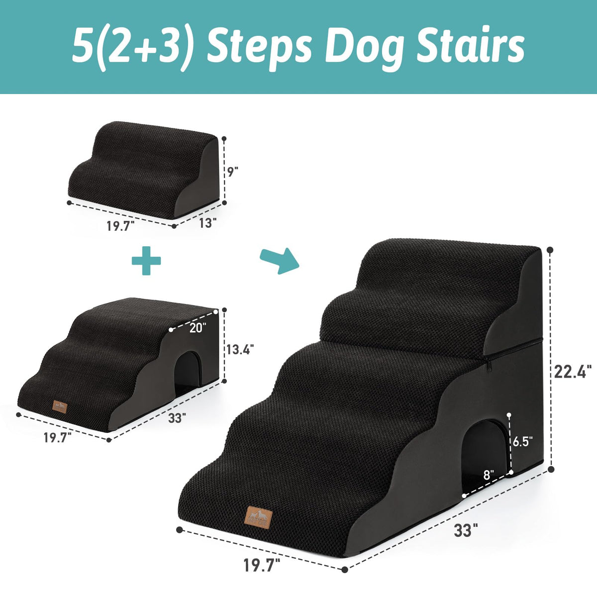 Extra Wide Small Dog Stairs with Tunnel (Black / Detachable 19.7" x 33" x 22.4")