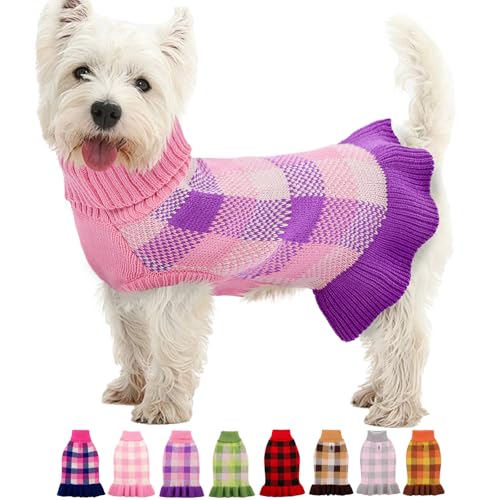 Dog Sweater Dress Plaid Knitwear for Medium Dogs Girl Christmas Clothes (Purple / Medium)