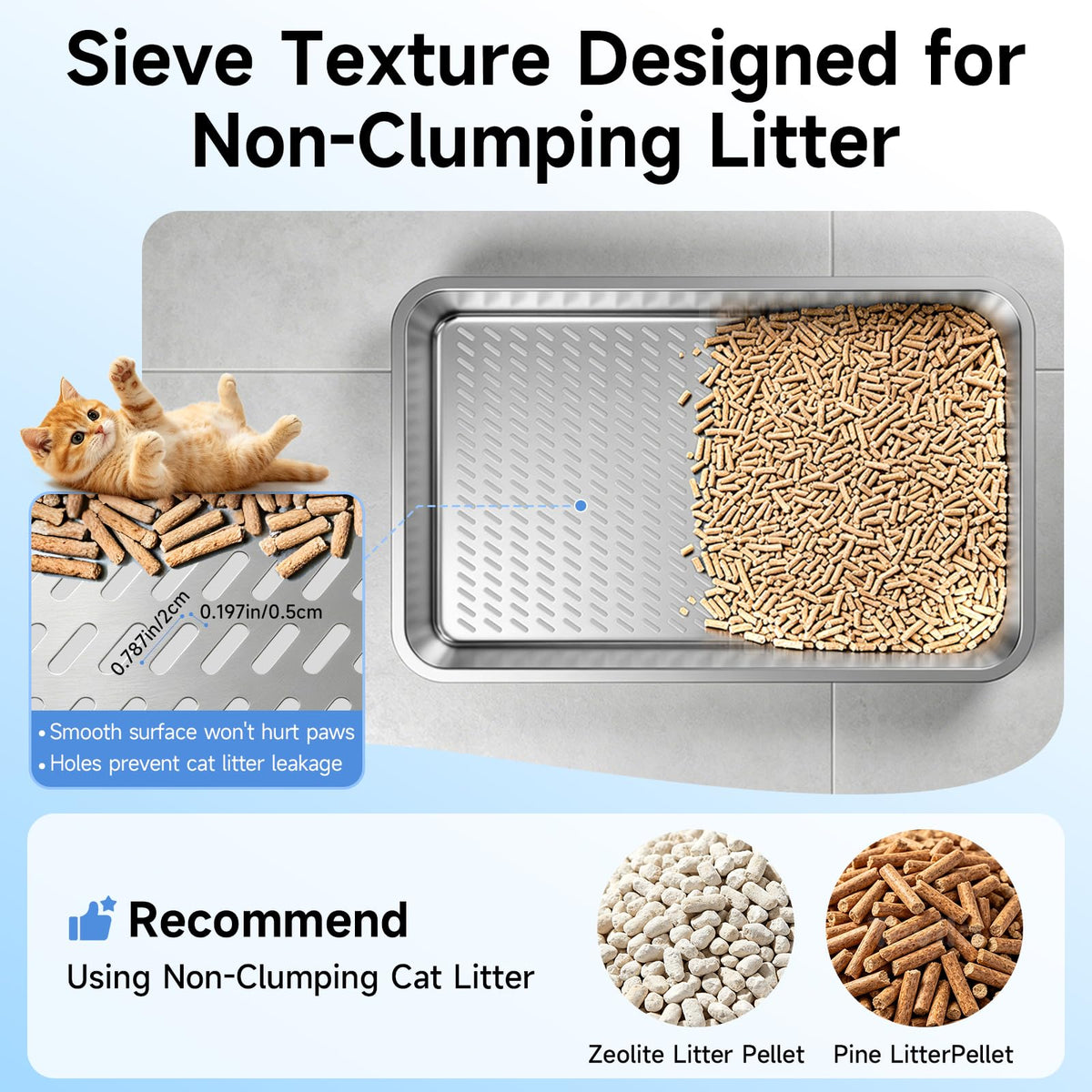 Stainless Steel Sifting Cat Litter Box for Pine Pellets (Light Gray-sifter)