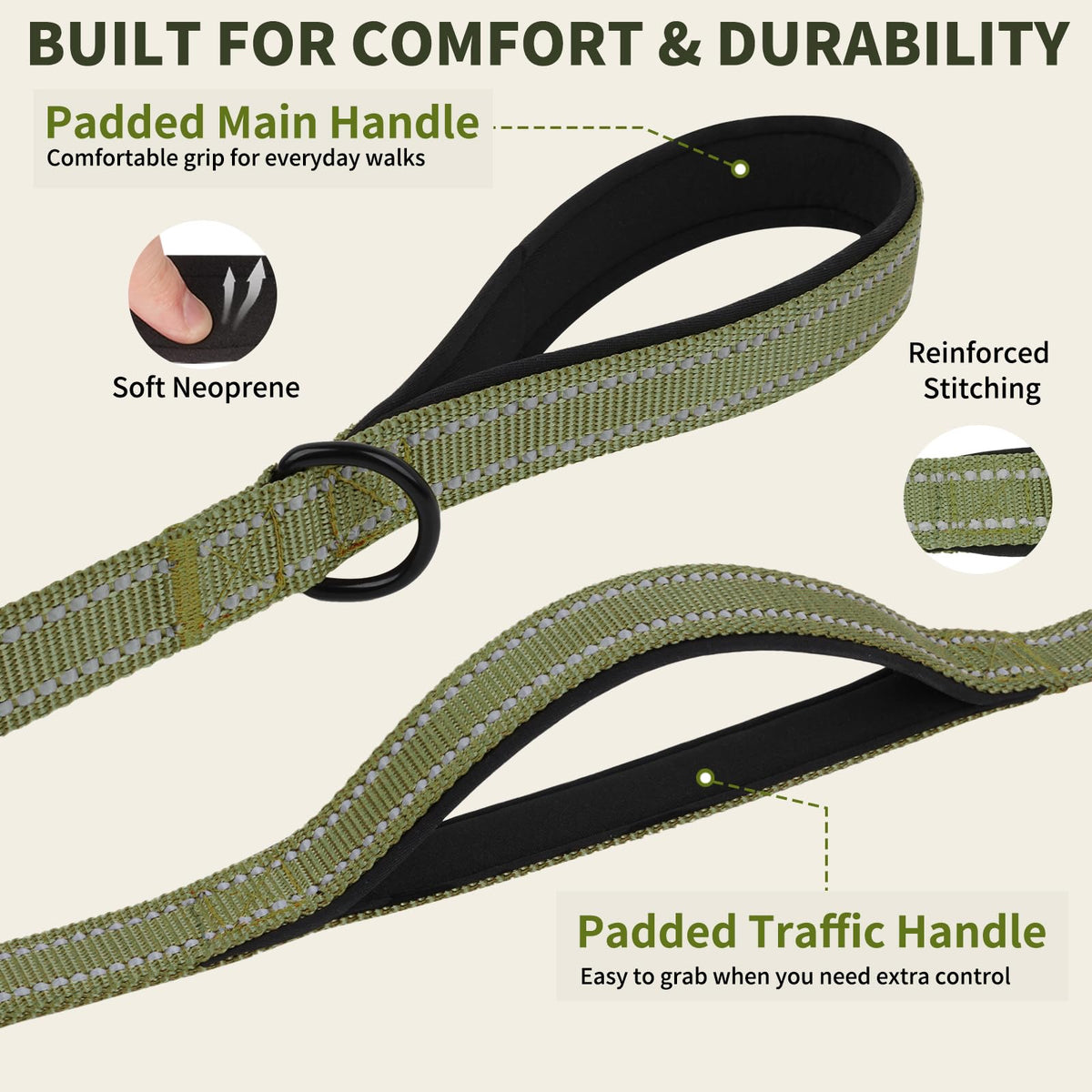 5FT Tactical Heavy Duty Dog Leash No Pull with 2 Padded Handles (Army Green / 5FT)