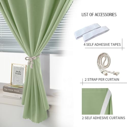 Magic Tape Blackout Curtains for Bedroom No Drillng Self Adhesive Curtains No Rod Small Window (47"W x 59"L (Pack of 2) / Sage Green)