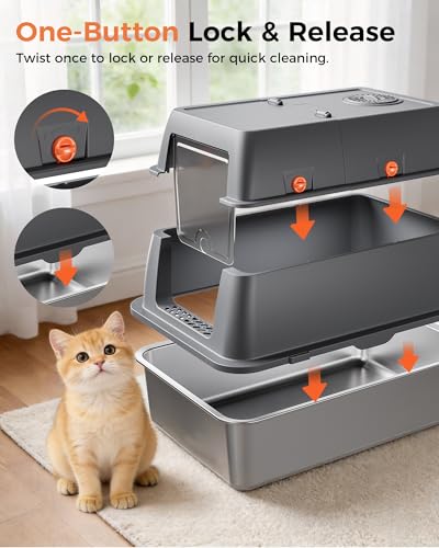 XXL Stainless Steel Cat Litter Box with Lid (Gray - Pinky Paws / 23" L × 16" W × 18" H)