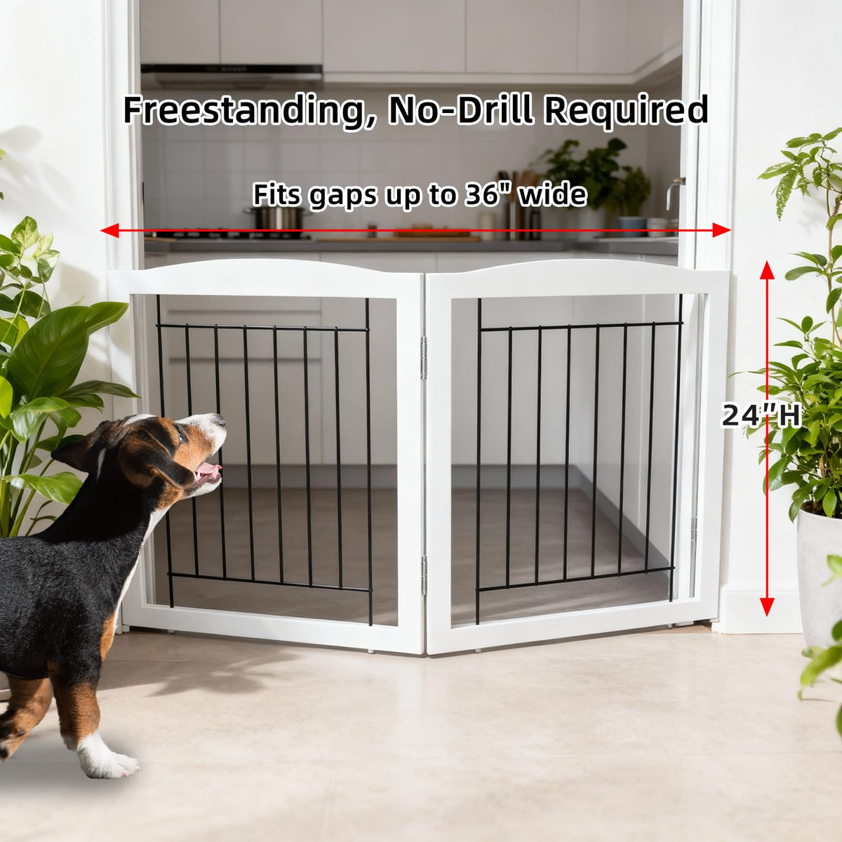 Freestanding Foldable Dog Gate for House Extra Wide Wooden White Indoor Puppy Gate Stairs Pet Gates Doorways Pet Gate Tall Dog Fence 2 Panels (White / 【2 Panels】40''w x 24''h)