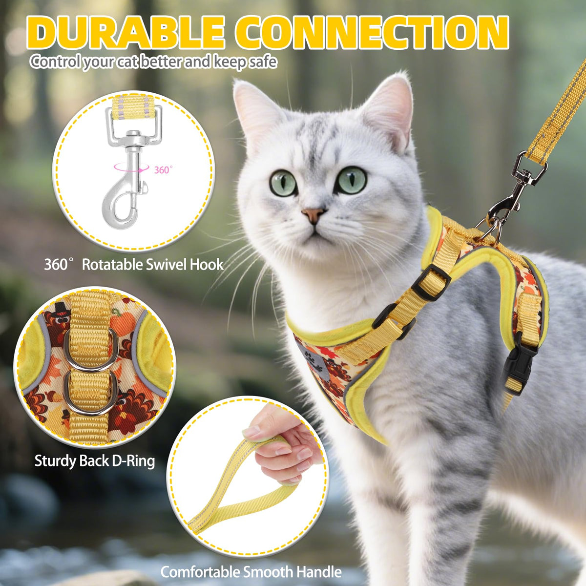 Cat Harness and Leash Set Escape Proof Reflective Cat Walking Harness Adjustable Soft Breathable Mesh Vest for Small Pets (S (NECK 9.5"-11", CHEST 13"-16") / Yellow(Thanksgiving))