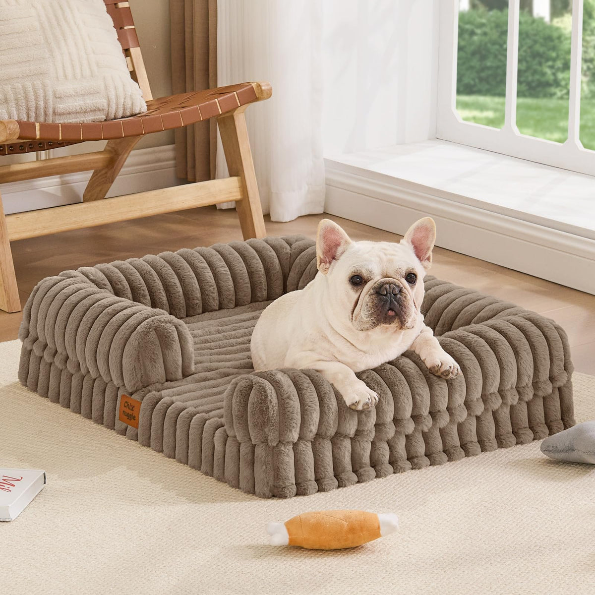 Faux Fur Orthopedic Dog Bolster Bed (Rectangular Taupe / M(30*24*7))
