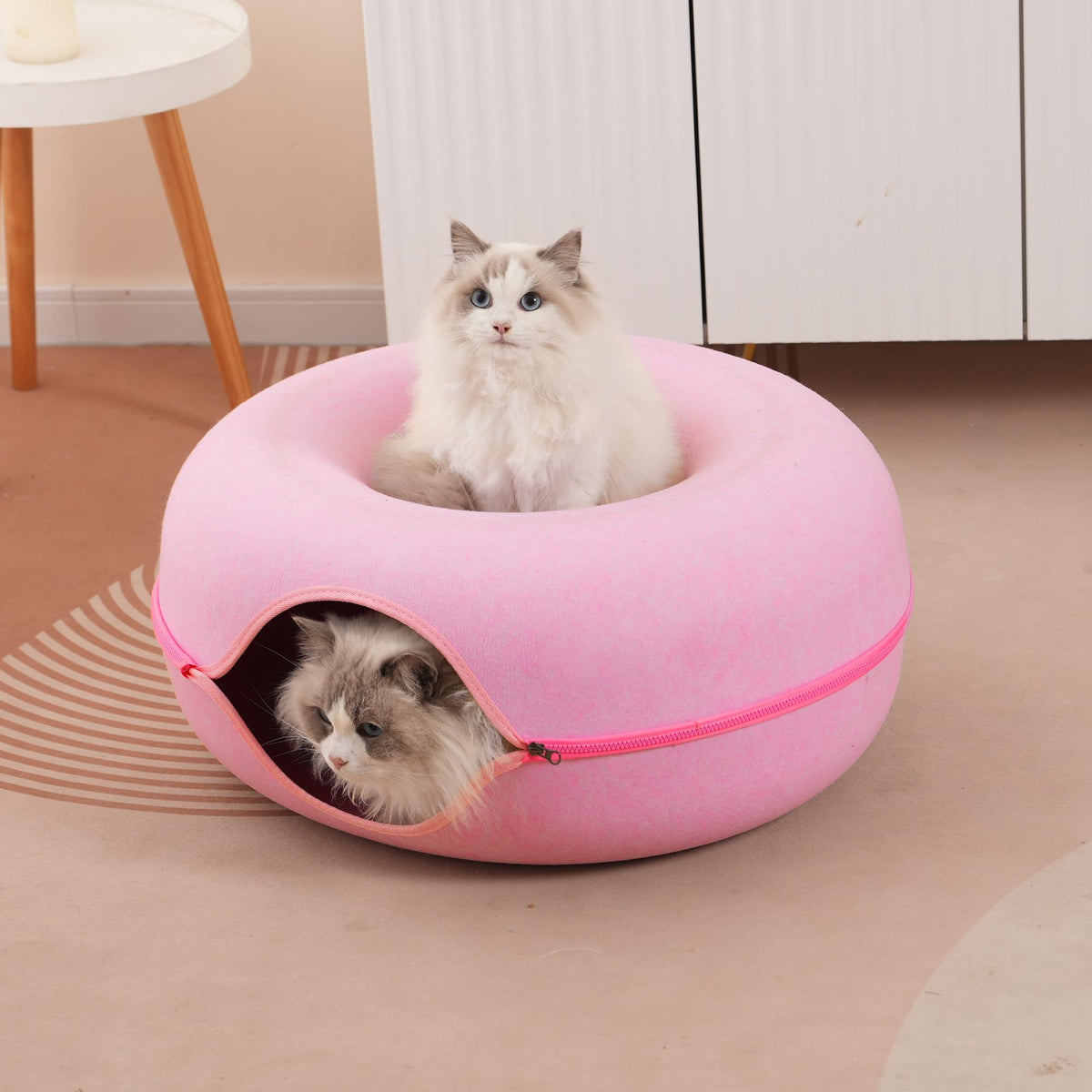 Large Cat Tunnel Bed for Indoor Cats with 3 Toys (L(24x24x11) / Pink)