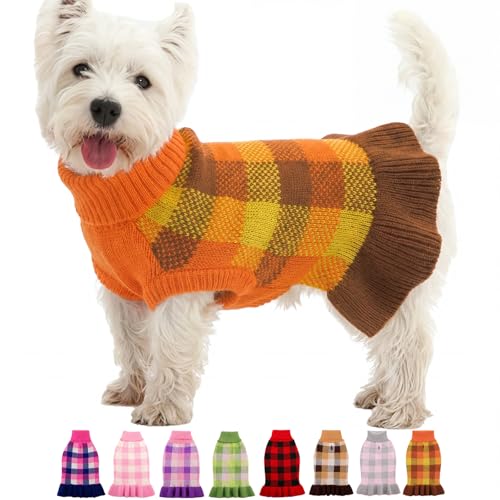 Dog Sweater Dress Plaid Knitwear for Medium Dogs Girl Christmas Clothes (Orange / Medium)