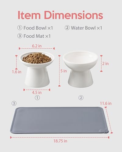 2 Pack Elevated Ceramic Cat Bowls Extra Wide for Food & Water + Food Mat White+Mat (White+Mat)
