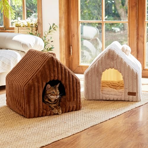 Cat Bed Cave Enclosed Washable Covered Dog Bed with Support Frame (Pink Beige / 15 Inch (Cats up to 12 lbs, Dogs up to 7 lbs))