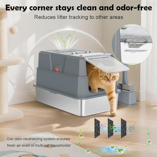 XL Stainless Steel Cat Litter Box with 180°Flip‑Top Lid (Dark Gray)