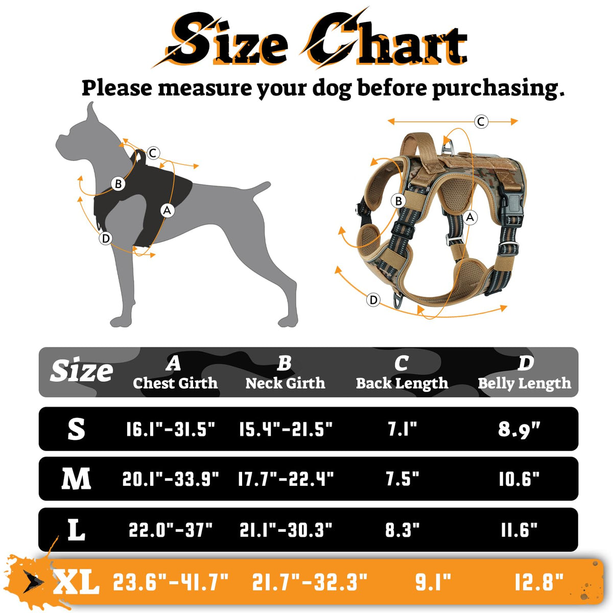 Tactical Dog Harness for Large Dogs (Xl(chest:23.6"-41.8",neck:21.7"-32.3",back:9.1") / Desert Camo)