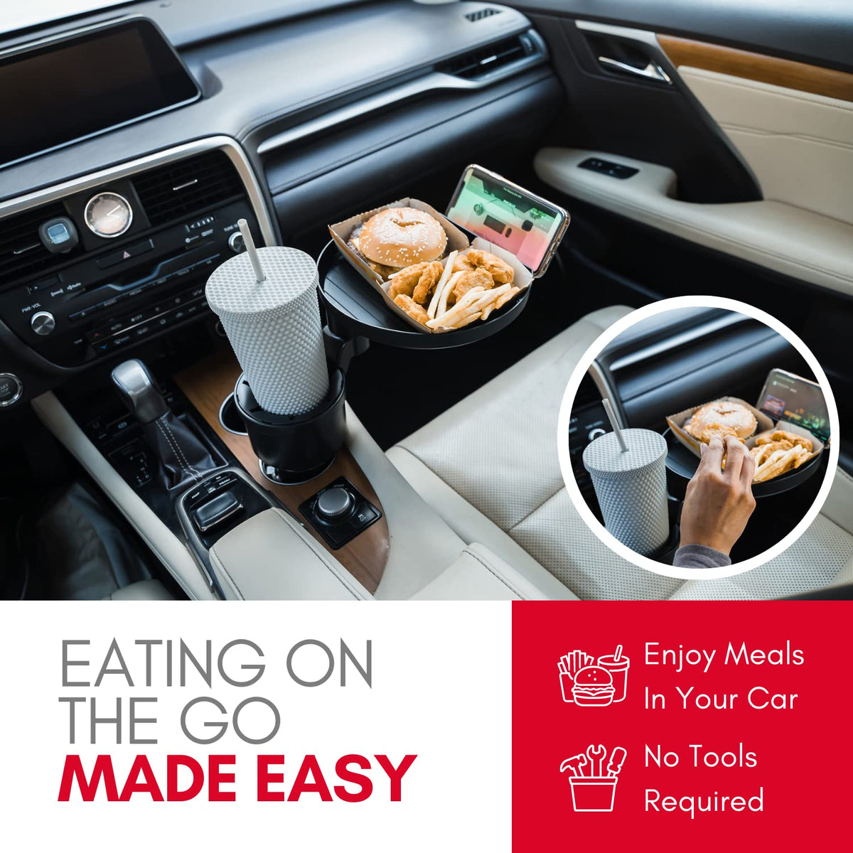 Car Cup Holder Tray and Cup Holder Expander with Phone Slot (Pro)